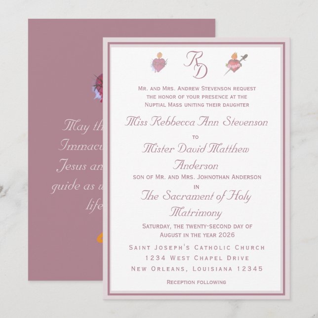 Dusty Rose Two Hearts Catholic Wedding Invitation Inbjudningar (Fram/baksida)