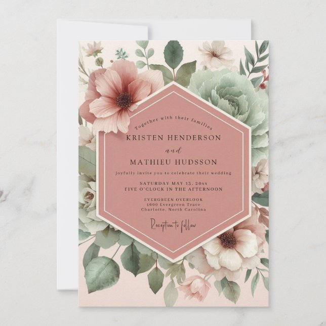 Dusty Rose Vintage Blommande Bröllop Inbjudningar (Framsida)