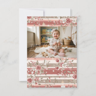 Dusty Rose Vintage Blommig Babyflicka Foto Tack Kort