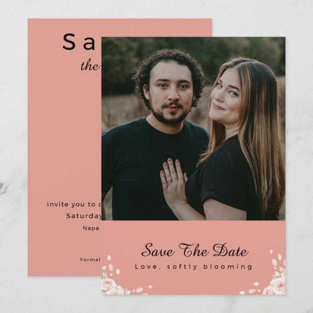 Dusty Rose viskad kronblad Modern Script foto Spara Datumet (Fram/baksida)