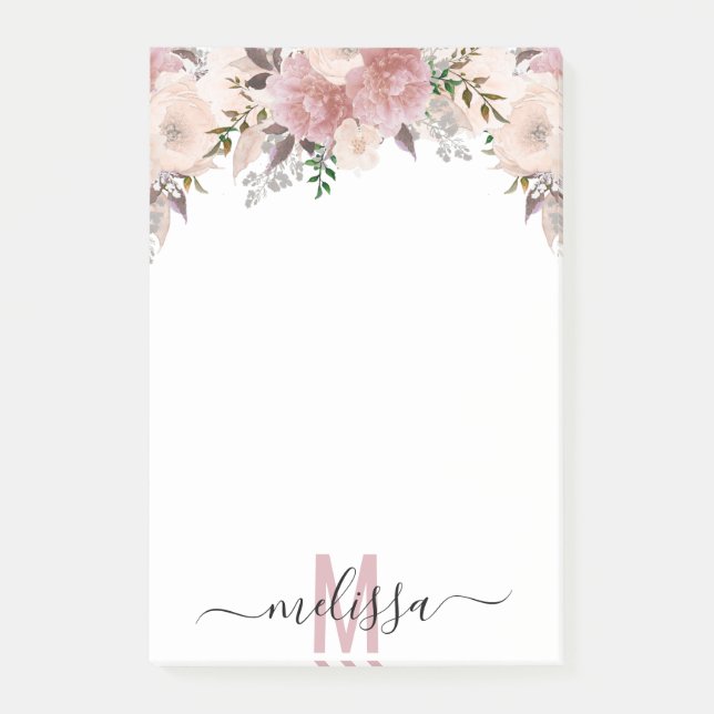 Dusty Rose Watercolor Blommig monogram   Post-it Block (Framsida)