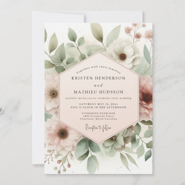 Dusty Rose Watercolor Bloom Wedding Inbjudningar (Framsida)