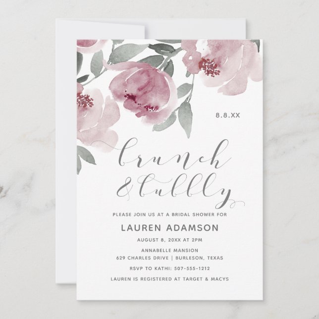 Dusty Rose Watercolor Bröllopsbrunch Bubbly Shower Inbjudningar (Framsida)