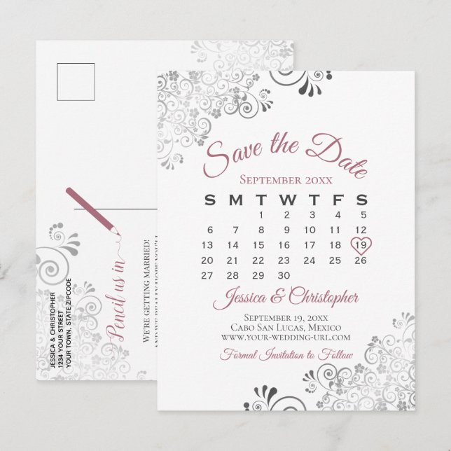 Dusty Rose & White Bröllop Save the Date Kalender Meddelande Vykort (Fram/baksida)