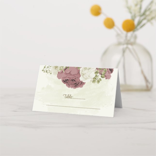 dusty rose white flowers botanical wedding placeringskort (Framsida)