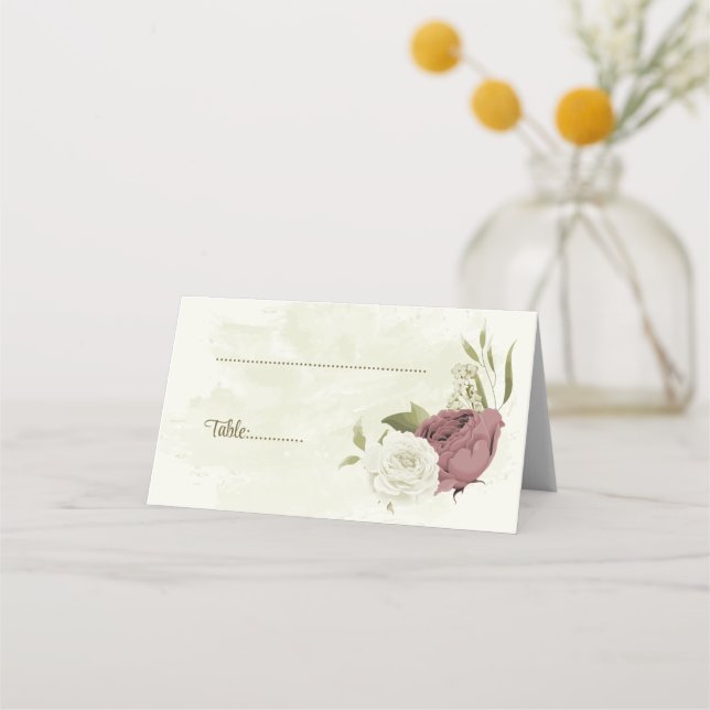 dusty rose white flowers botanical wedding placeringskort (Framsida)