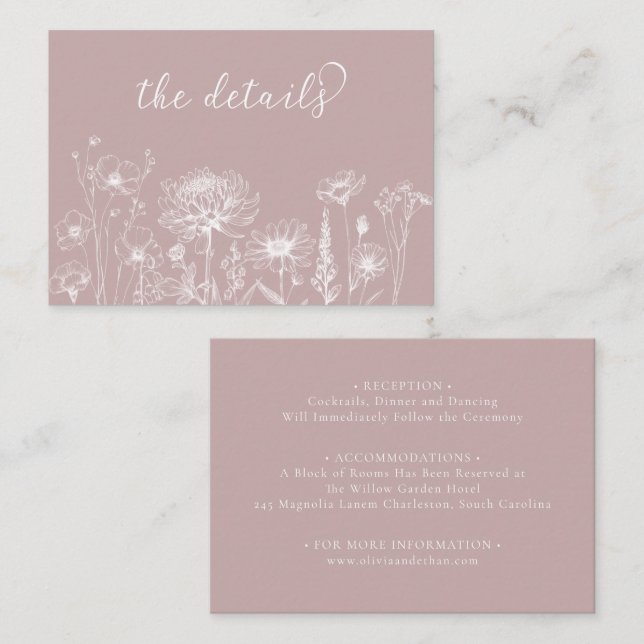 Dusty Rose Wildflower Details Card Wedding Insert Tilläggskort (Fram/baksida)
