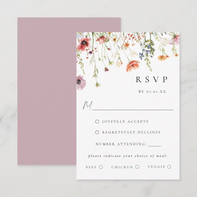 Dusty Rose Wildflower Wedding Meal Choice RSVP OSA Kort (Fram/baksida)