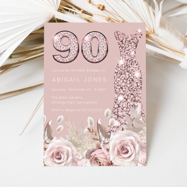 Dusty Roses Blush Gown Elegant 90th Birthday Inbjudningar (Skapare uppladdad)