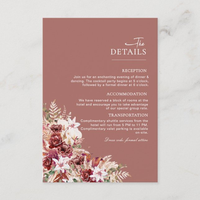 Dusty Rosewood & Blush Floral Wedding Details Card Tilläggskort (Framsida)