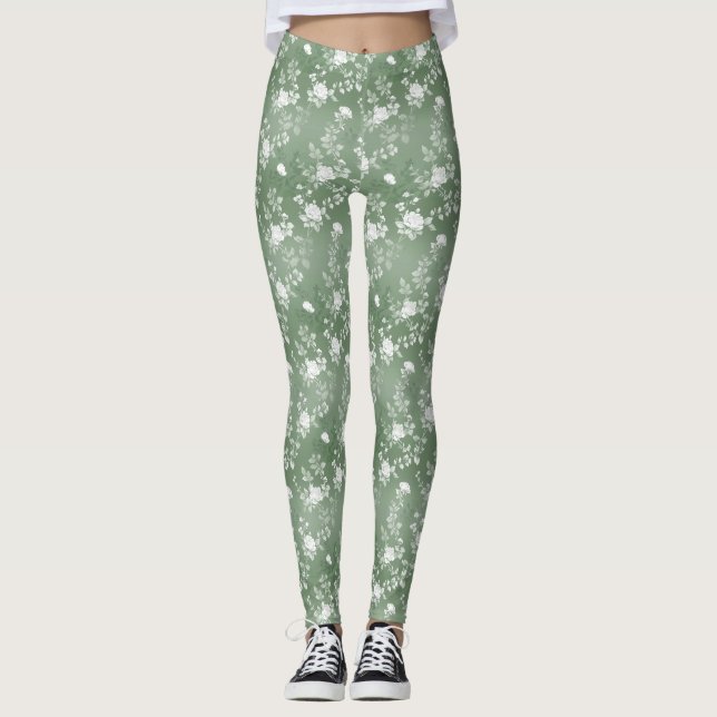 Dusty Sage Blommigt Grönt Flower Greenery Mönster Leggings (Framsida)