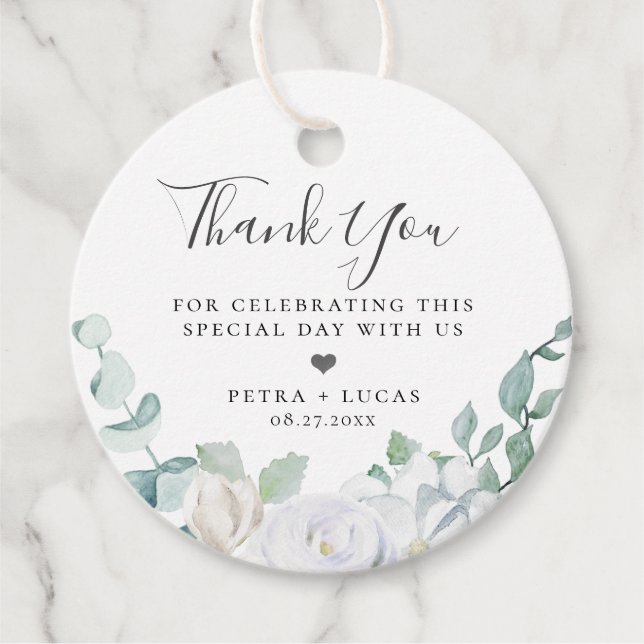 Dusty Sage Botanical Bröllop Tack Gåvor Etiketter (Framsida)