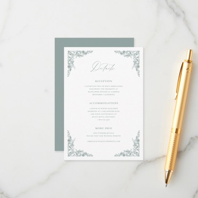 Dusty Sage Details Enclosure Card Wedding Info Tilläggskort (Fram/Back In Situ)