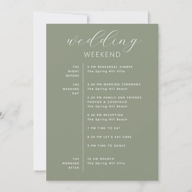 Dusty Sage Green Woodland Wedding Weekend Timeline Inbjudningar (Baksida)