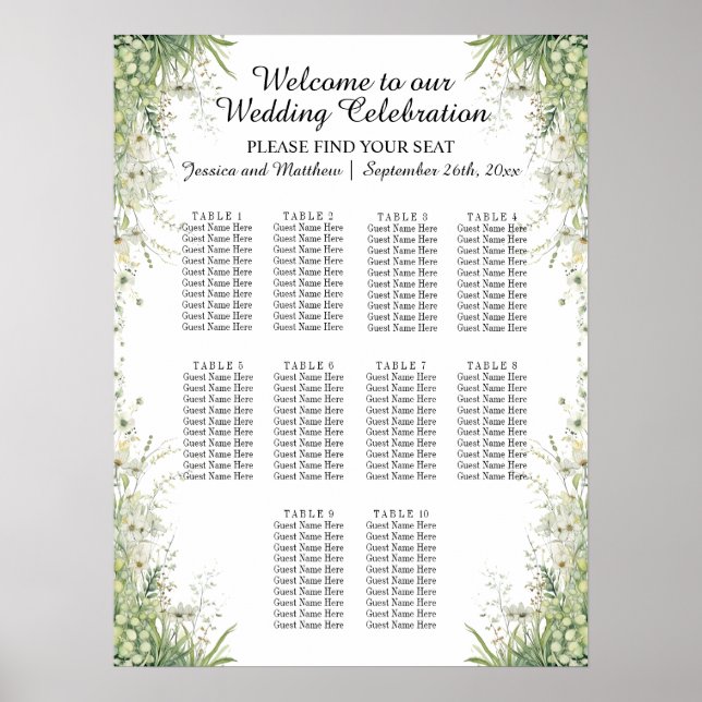 Dusty Sage Grönt Flowers 10 Bord Bröllop Seating Poster (Framsidan)