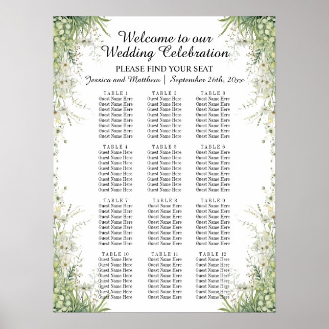 Dusty Sage Grönt Flowers 12 Bord Bröllop Seating Poster (Framsidan)