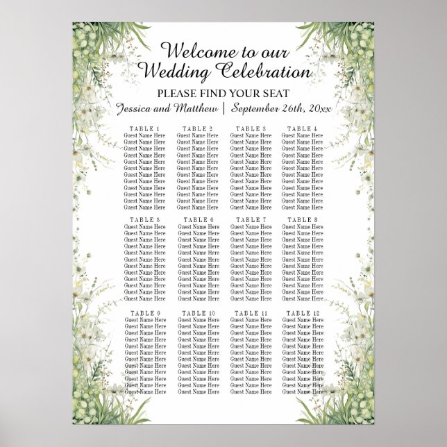 Dusty Sage Grönt Flowers 12 Bord Bröllop Seating Poster (Framsidan)