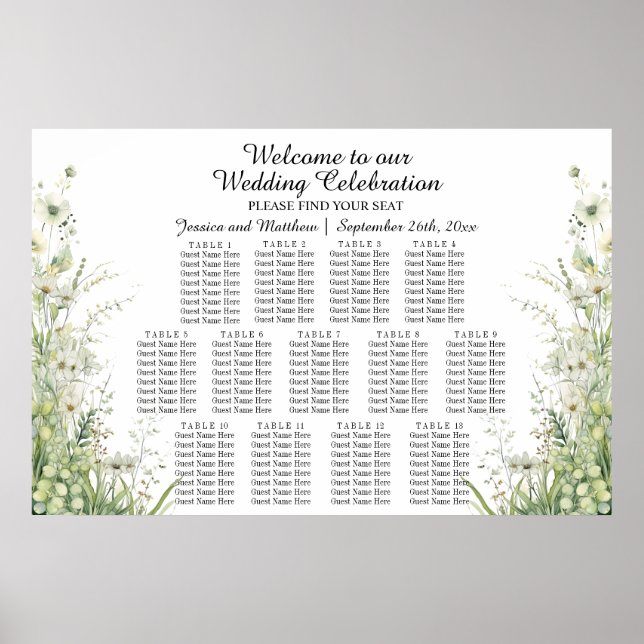 Dusty Sage Grönt Flowers 13 Bord Bröllop Seating Poster (Framsidan)