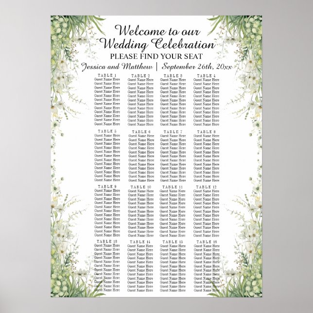 Dusty Sage Grönt Flowers 16 Bord Bröllop Seating Poster (Framsidan)