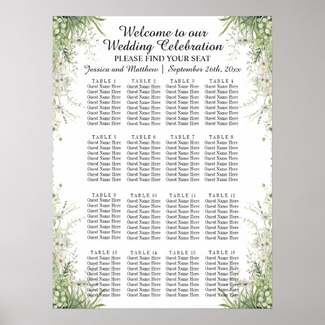 Dusty Sage Grönt Flowers 16 Bord Bröllop Seating Poster (Framsidan)
