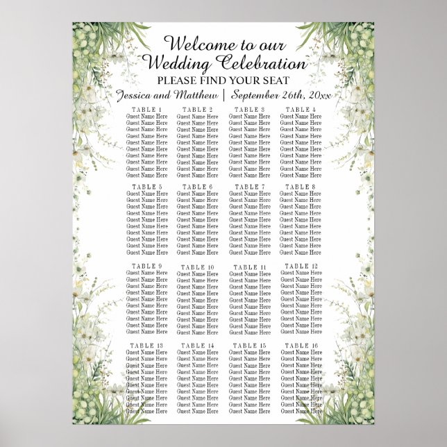 Dusty Sage Grönt Flowers 16 Bord Bröllop Seating Poster (Framsidan)