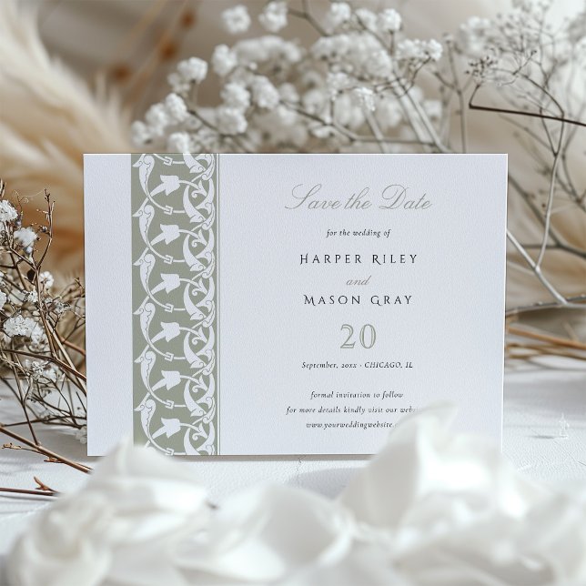 Dusty Sage-Grönten Spara datumradscrollwork Inbjudningar (Skapare uppladdad)