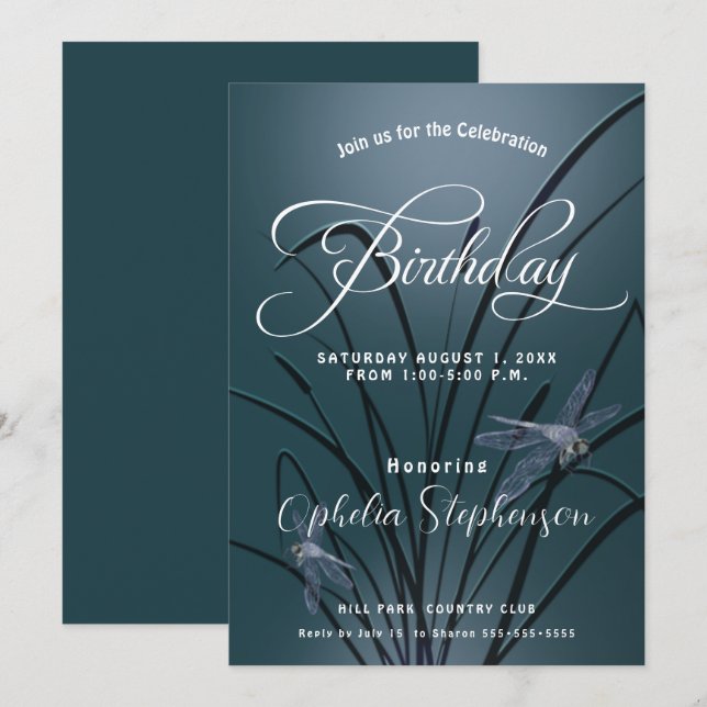 Dusty Teal Dragonfly Birthday Inbjudningar (Fram/baksida)