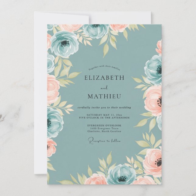 Dusty Teal Ethereal Peony Wedding Inbjudningar (Framsida)