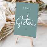 Dusty Teal Hand Scripted Bord SIXTEEN Bordsnummer<br><div class="desc">Enkla kort för bordsnummer och chic i dammig teal aqua och vit gör en elegant påstående vid din bröllop eller händelse. Designfunktionerna "bord [nummer]" i en ögonetsande blandning av klassisk serif och handskriven skriptskrift. Utformningen upprepas på båda sidor. Individuellt numrerade kort som säljs separat. Beställ varje bordsnummer var för sig...</div>