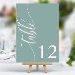 Dusty Teal Modern Calligraphy Bröllop Bordsnummer<br><div class="desc">Följ med dina gäster till deras platser med de här chic elegant damstig teal-bordsnumren i bröllop. De här bordsnumren har en minimalistisk design med modern kalligrafi och ger dig en smula sofistikering till din bröllopsmottagning. Den mjuka bakgrunden och den rena typografin i eleganten säkerställer att den är enkel att läsa...</div>