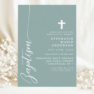 Dusty Teal Simple Modern Script Baptism Inbjudningar