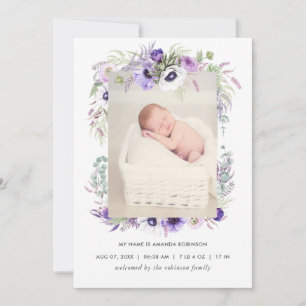 Dusty Violet Birth-annons-fotokort Meddelande