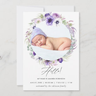 Dusty Violet Birth-annons-fotokort Meddelande