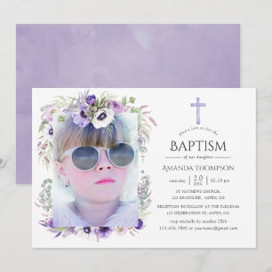 Dusty Violet Blommigt Baptism eller Christening Inbjudningar