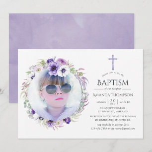 Dusty Violet Blommigt Baptism Inbjudningar