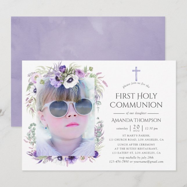 Dusty Violet Blommigt First Heliga Communion Inbjudningar (Fram/baksida)
