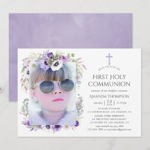 Dusty Violet Blommigt First Heliga Communion Inbjudningar