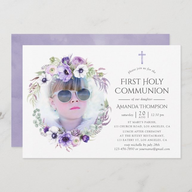 Dusty Violet Blommigt First Heliga Communion Inbjudningar (Fram/baksida)