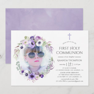 Dusty Violet Blommigt First Heliga Communion Inbjudningar