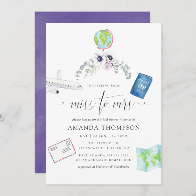 Dusty Violet Blommigt Miss till Mrs Möhippa Inbjudningar (Fram/baksida)