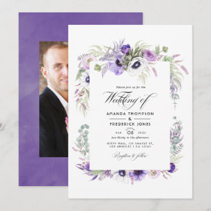 Dusty Violet Bröllop Watercolor Blommigt Photo Inbjudningar