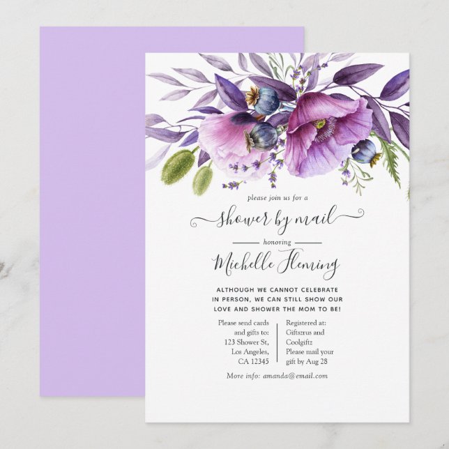 Dusty Violet Poppy Blommig Bebis Shower via Post Inbjudningar (Fram/baksida)