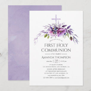 Dusty Violet Poppy Blommigt First Heliga Communion Inbjudningar