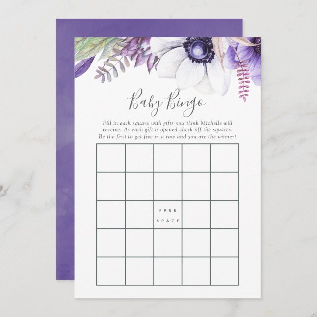 Dusty Violet Watercolor Blommigt Baby Shower Bingo Inbjudningar (Fram/baksida)
