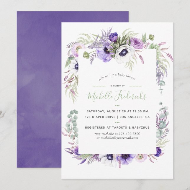 Dusty Violet Watercolor Blommigt Baby Shower Inbju Inbjudningar (Fram/baksida)