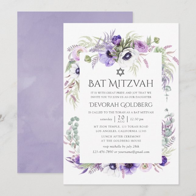 Dusty Violet Watercolor Blommigt Bat mitzvah Inbjudningar (Fram/baksida)