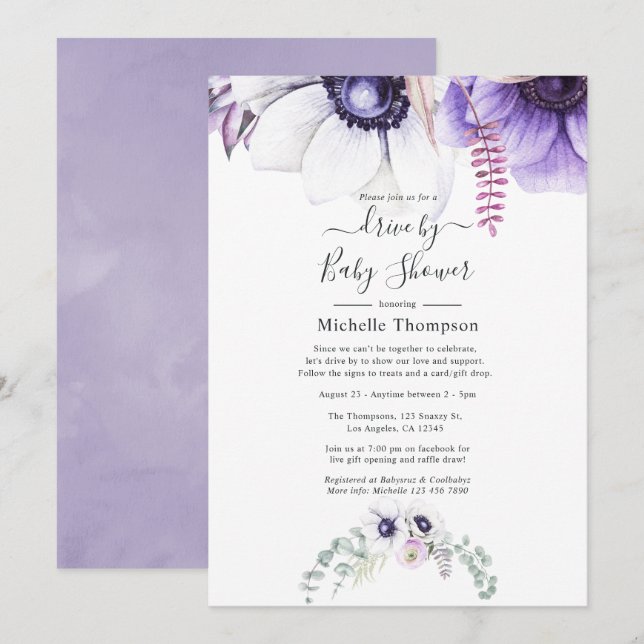 Dusty Violet Watercolor Blommigt Drive by Shower Inbjudningar (Fram/baksida)