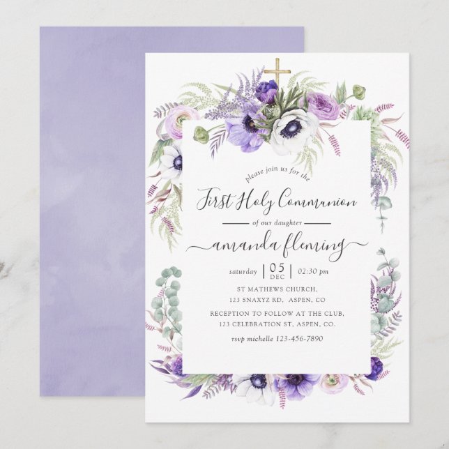 Dusty Violet Watercolor Blommigt Heliga Communion Inbjudningar (Fram/baksida)