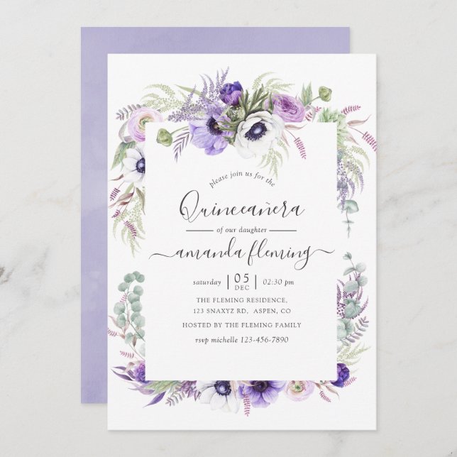Dusty Violet Watercolor Blommigt Quinceañera Inbjudningar (Fram/baksida)