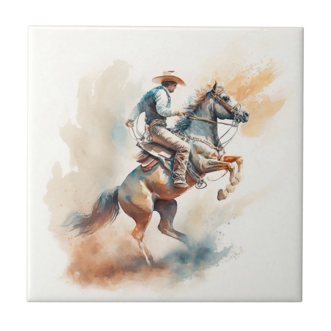 Dusty Western Watercolor "Bucking Bronco" Kakelplatta (Framsidan)